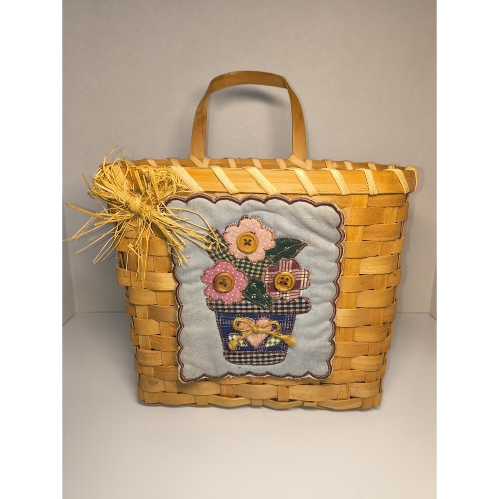 Vintage Woven Basket W Patchwork Quilt Square Flowers In Pot ~Handle, Raffia Bow